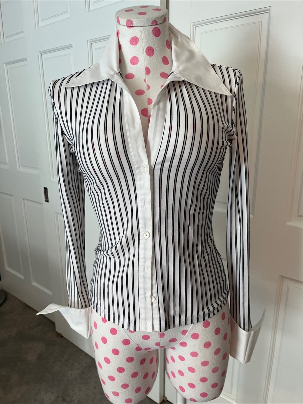 Women's White Button-Front Shirt with Black Pinstripes